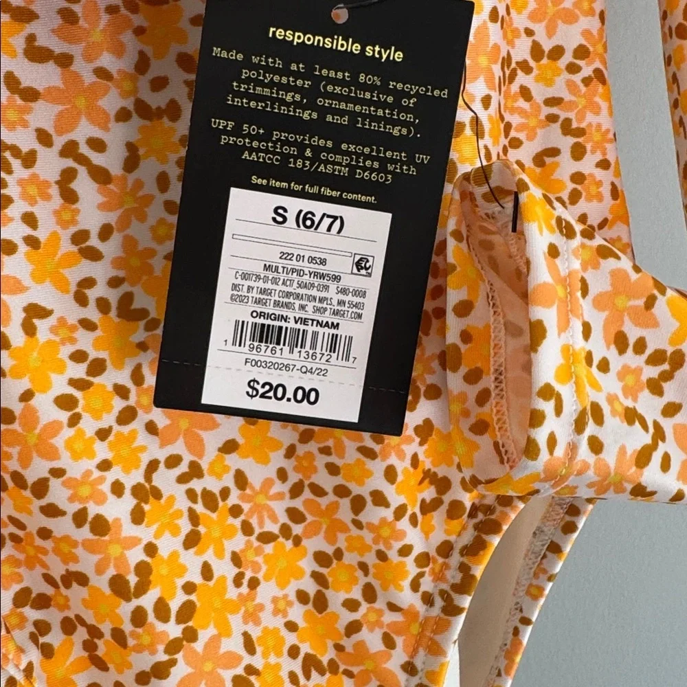 Art Class Long Sleeve Floral One-Piece Swimsuit Girls Size Small S (6/7) New NWT